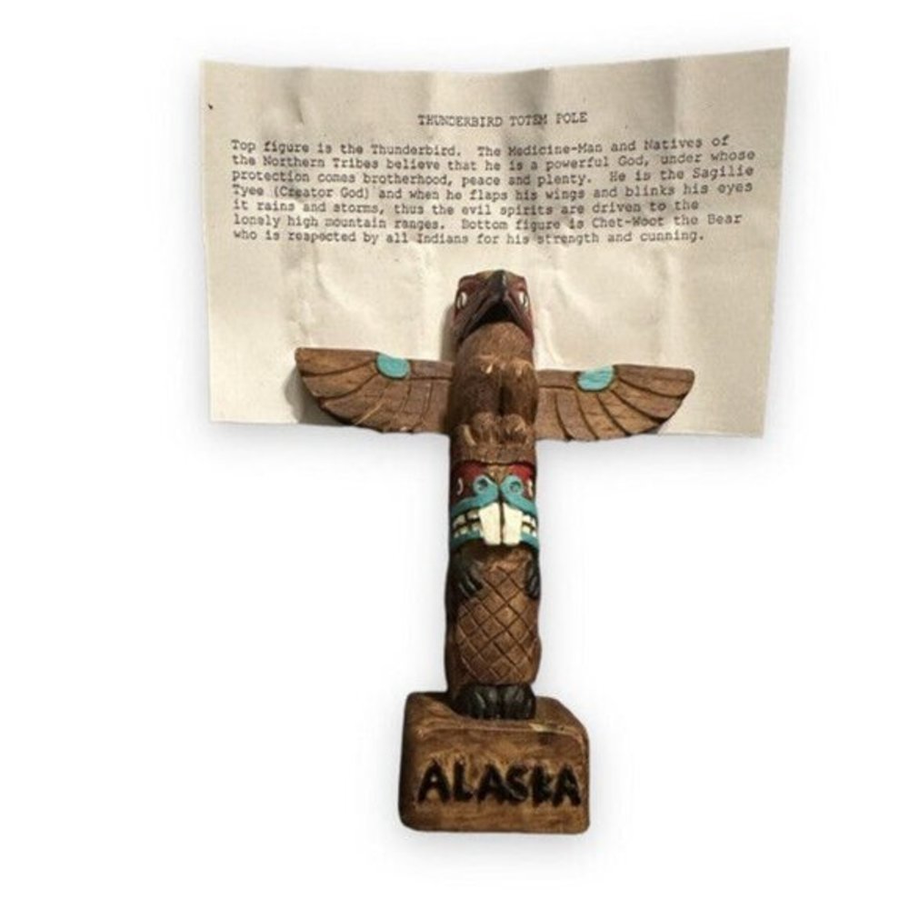 Thunderbird Totem Pole 5” Alaska Souvenir Black Spellout Label/Story tag